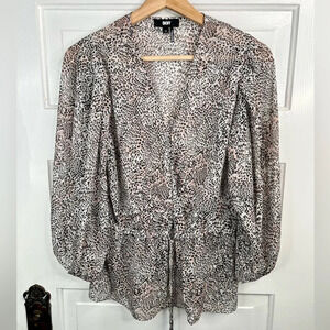 DKNY Women's Black White Animal Print V-Neck Blouse 3/4 Sleeve Casual Size XS